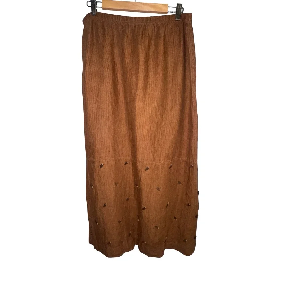 Wildroot 100% Linen Maxi Skirt Cinnamon Rust Leaf Detail Button Side Cottagecore